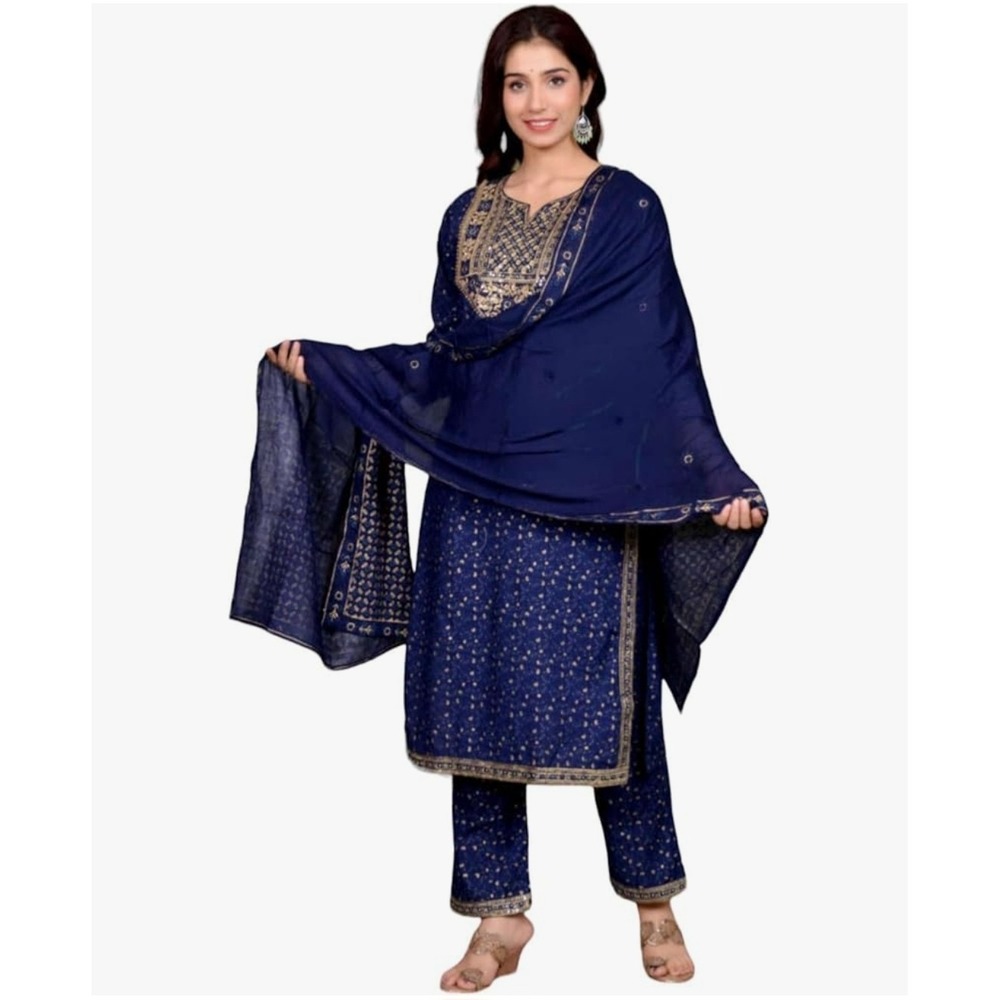 Ratan Crafts Navy Gold Embroidered Salwar Kameez Kurta Pant Dupatta Set XL/42